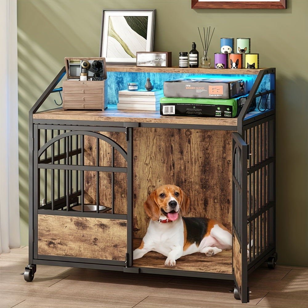 44 Inch Heavy Duty Metal Dog Crate Furniture with Wooden Top and Spacious Design for Large Dogs