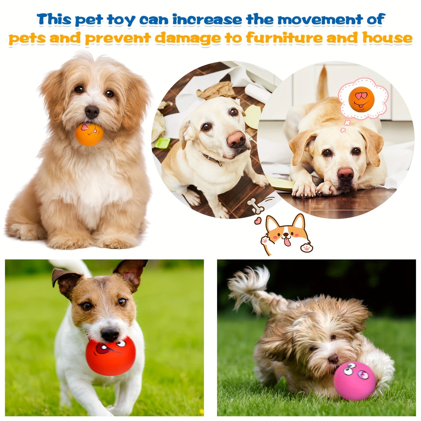 12pcs Colorful Squeaky Dog Chew Balls with Emoticons for Interactive Puppy Training