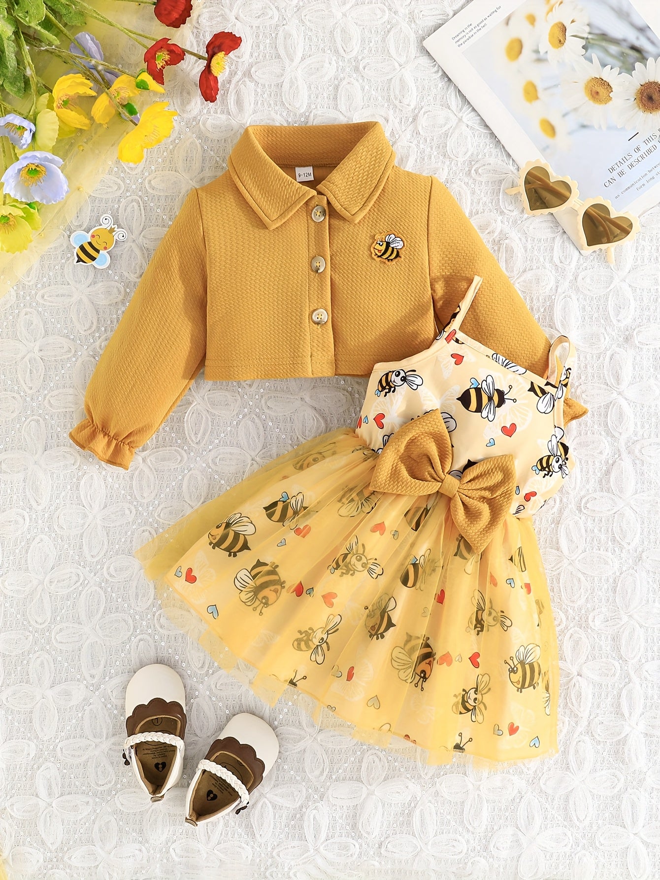 Toddler Girl Butterfly Outfit Set With Bee Sleeveless Suspenders Dress And Cardigan