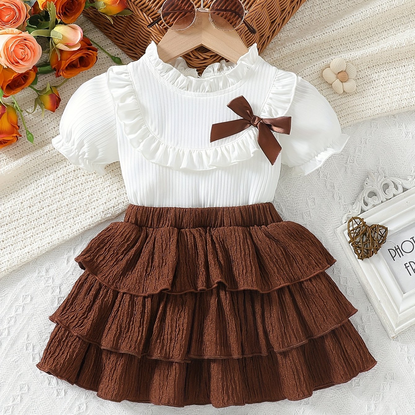 Sweet Short - Sleeved Ruffled Top In White Ribbed Fabric For Girls + Brown Pleated Short Skirt, for Outdoor