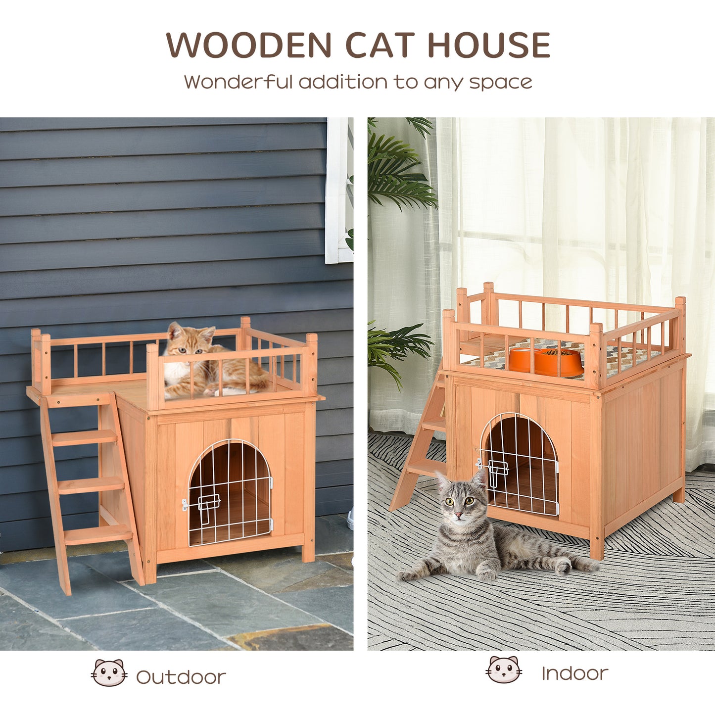 PawHut 2-Level Wooden Cat House Outdoor Dog Shelter with Lockable Door and Balcony