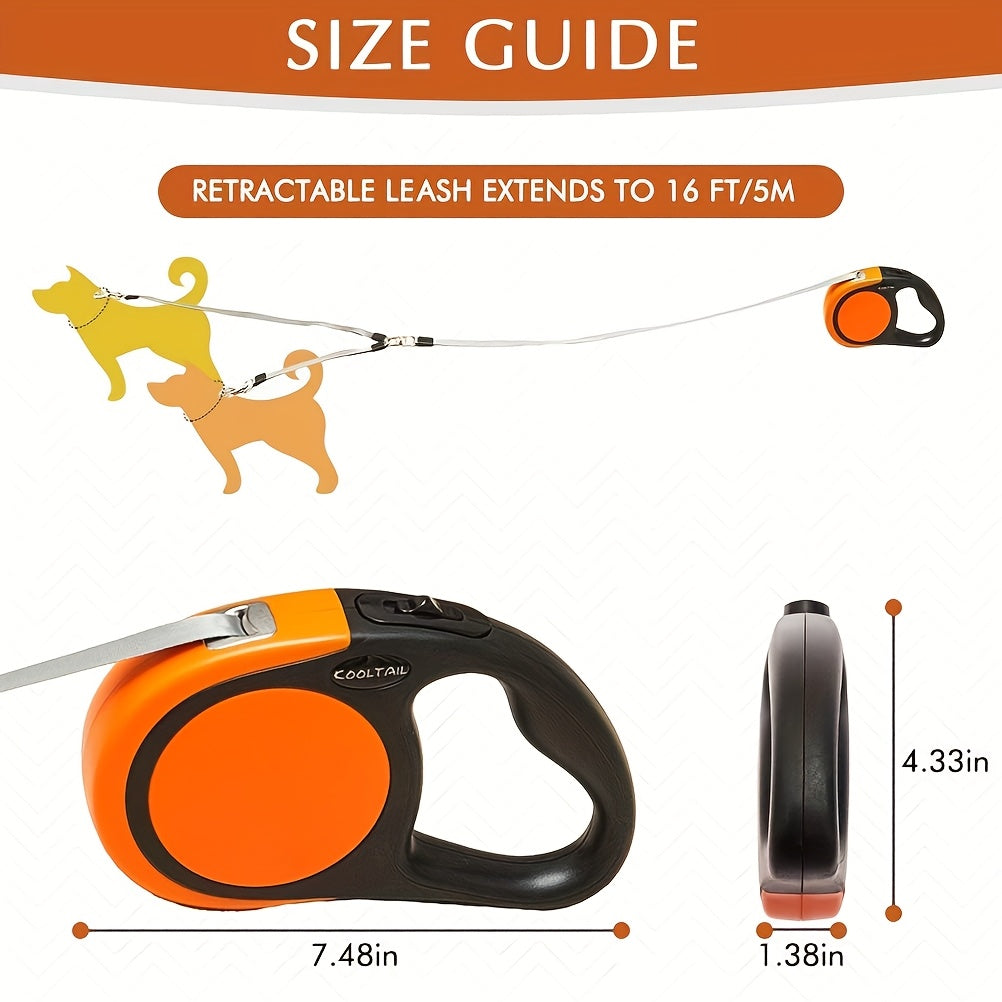 Dual Head Self Retracting Dog Leash for Two Dogs Weighing Up to 110 Lbs, Heavy Duty 16ft. Dual Head Flexible Retractable 360° Tangle Resistant One-Touch Locking Brake Dog Leash for Small Medium Large Dogs