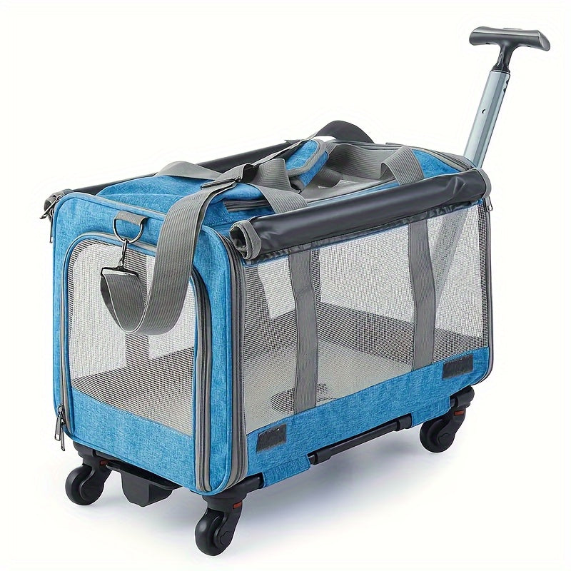 Portable Pet Stroller Carrier with Aluminum Frame and Plastic Wrap, Suitable for Cats and Small Dogs, Stress-Resistant Travel Luggage with Pull-Handle and Wheels