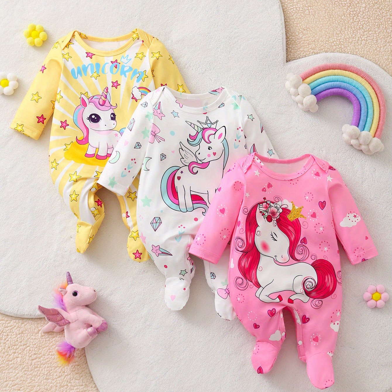 Unicorn Print Footed Romper Set For Baby Girls Three Pack