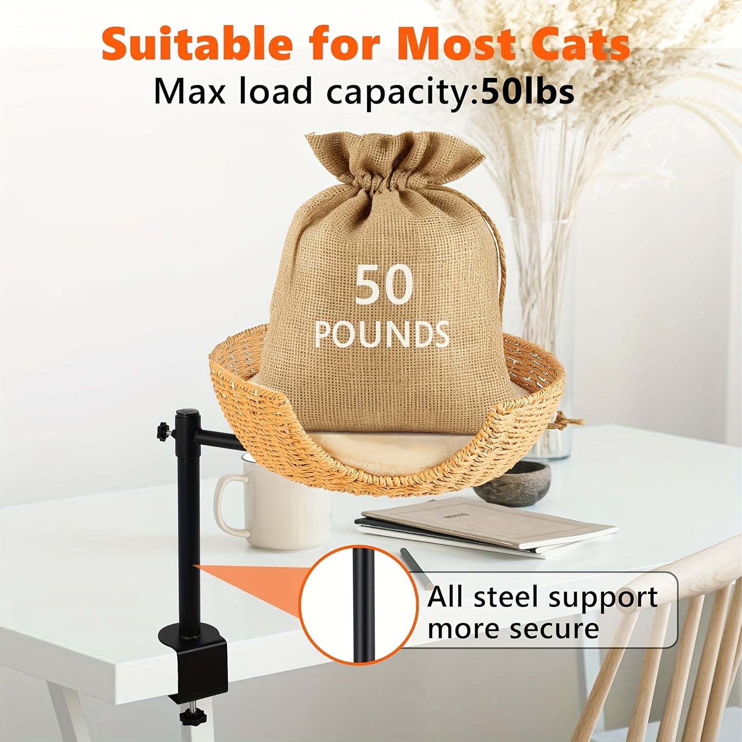 Adjustable Height 360 Degree Rotating Cat Desk Bed Hammock with Removable Shelf and Mats