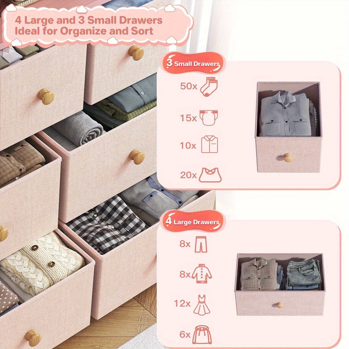 Pink Bedroom Dresser with 7 Drawers Stylish Storage Unit for Living Room and Closet