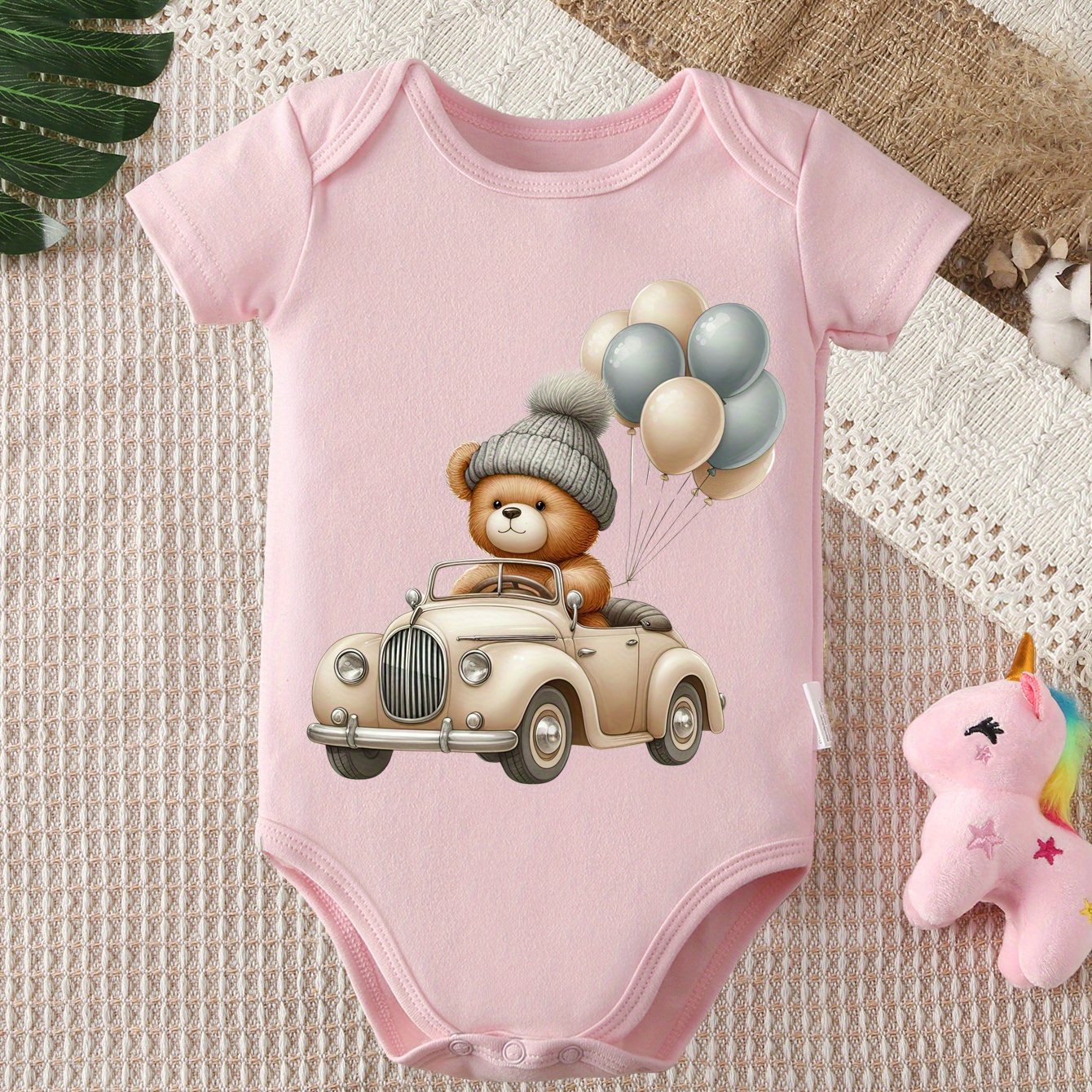 Soft Cotton Cartoon Bear and Balloons Print Short Sleeve Onesie for Infants 0-12 Months