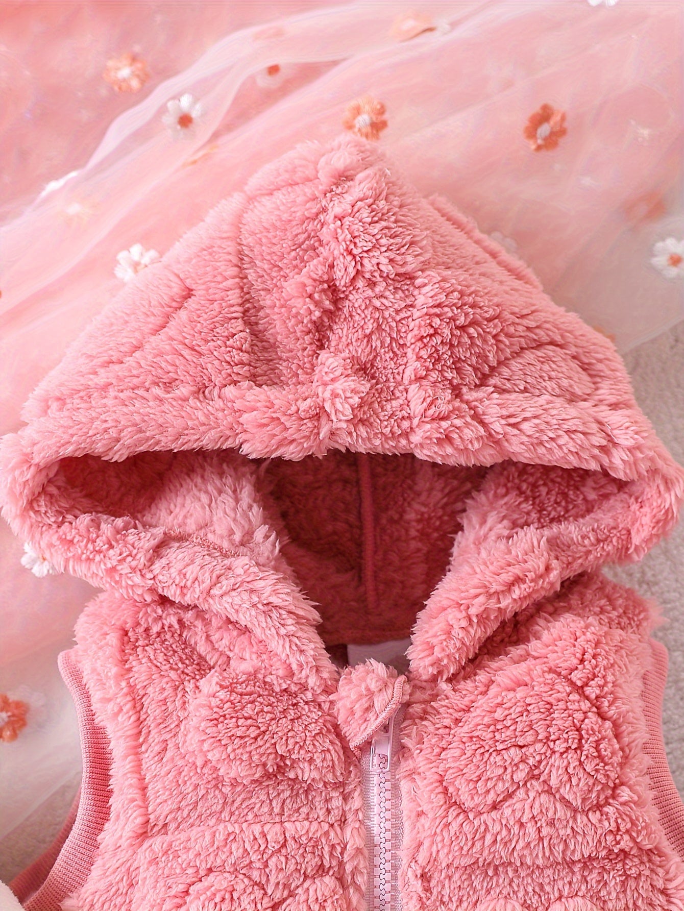 3pcs Girls And Babies Fashionable Plush Hooded Vest Top And Cuffed Trousers Set