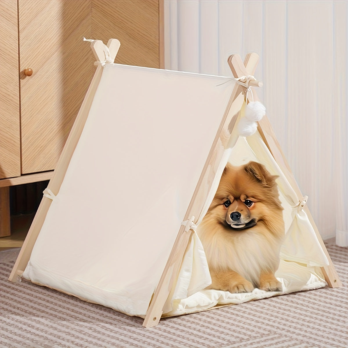 Solid Wood Frame Portable Pet Tent Kennel for Cats and Small Dogs with Comfort Cushion