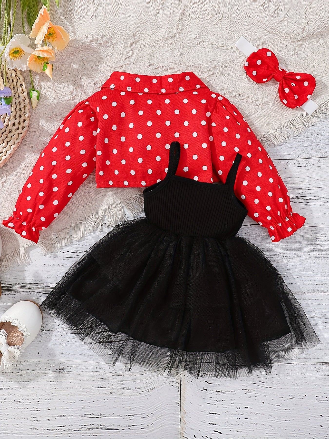 Baby Girl Red Head Knot Red Dot Jacket Black Suspender Mesh Skirt Set 3 to 24 Months