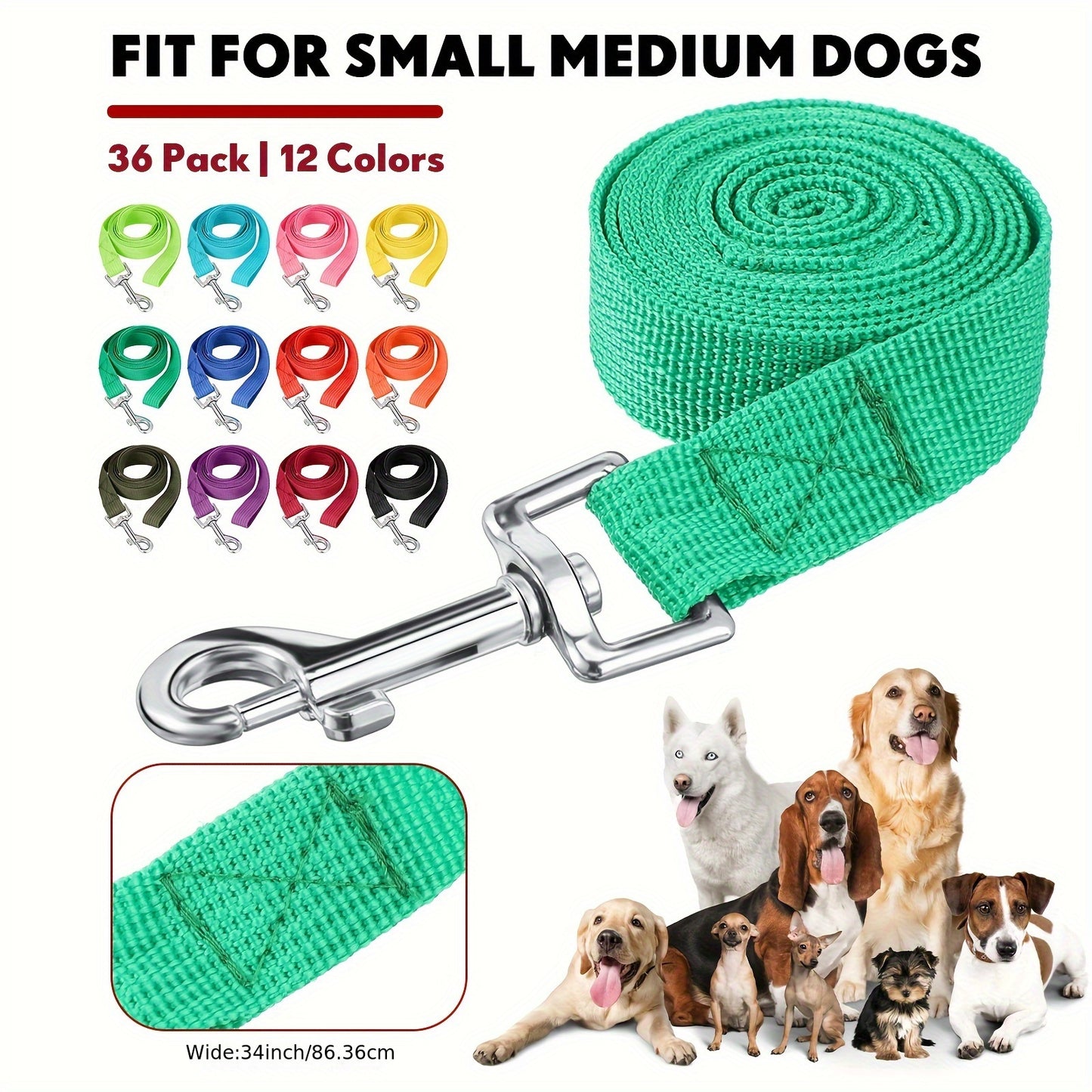 5 Ft Multicolored Nylon Rope Dog Leash - 36 Pcs Bulk Dog Training Slip Puppy Leash - For Small Medium Dogs Agility, Yard, Camping, Backyard Play (12 Colors)