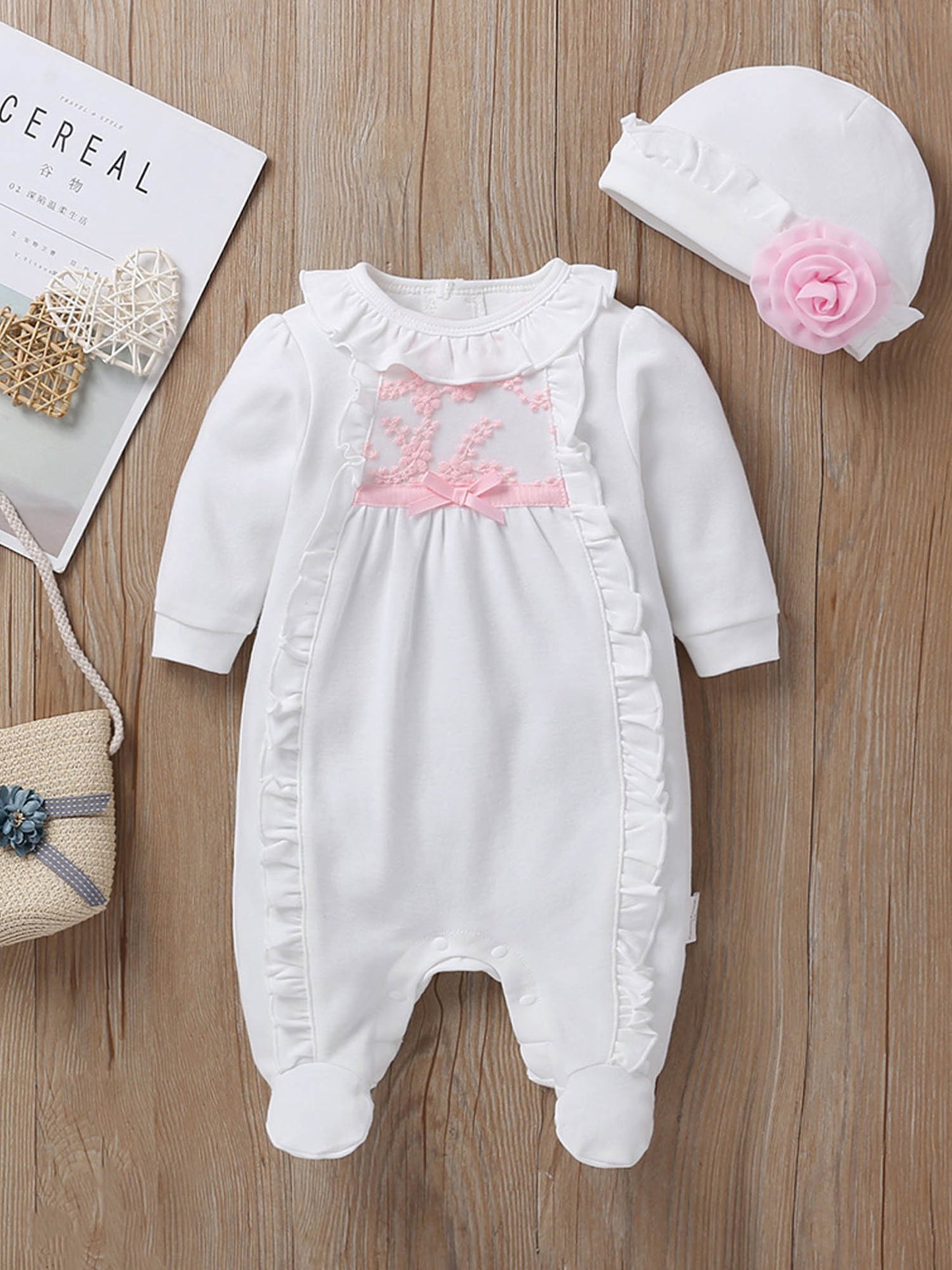 Newborn Baby Girl Fall Winter Romper Set With Hat Two Piece