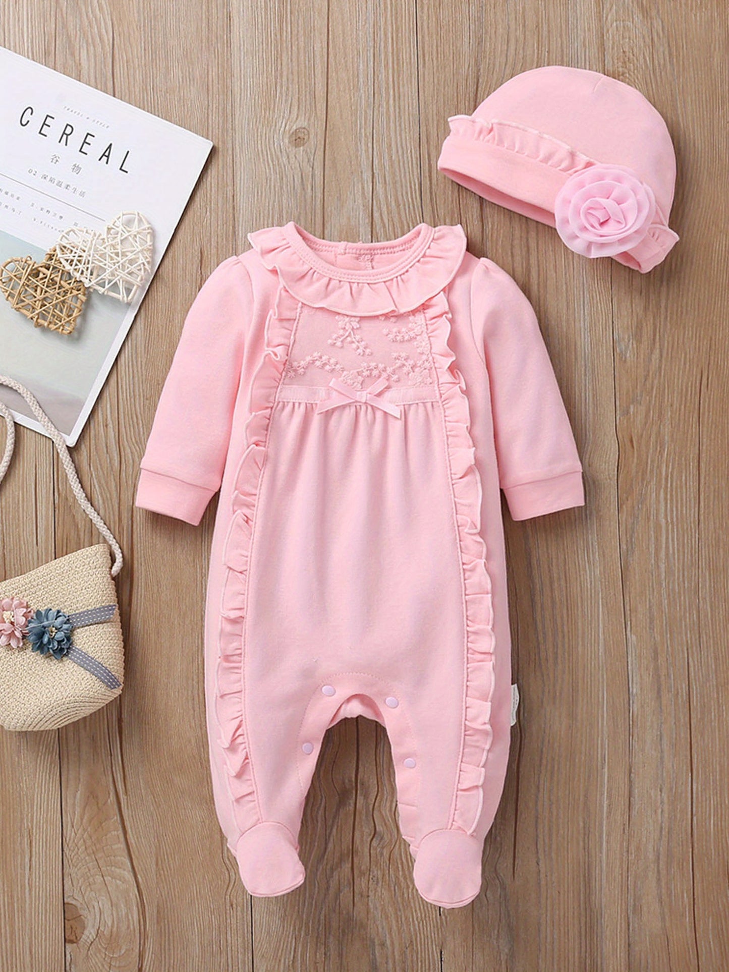 Newborn Baby Girl Fall Winter 3D Flower Romper Hat Set