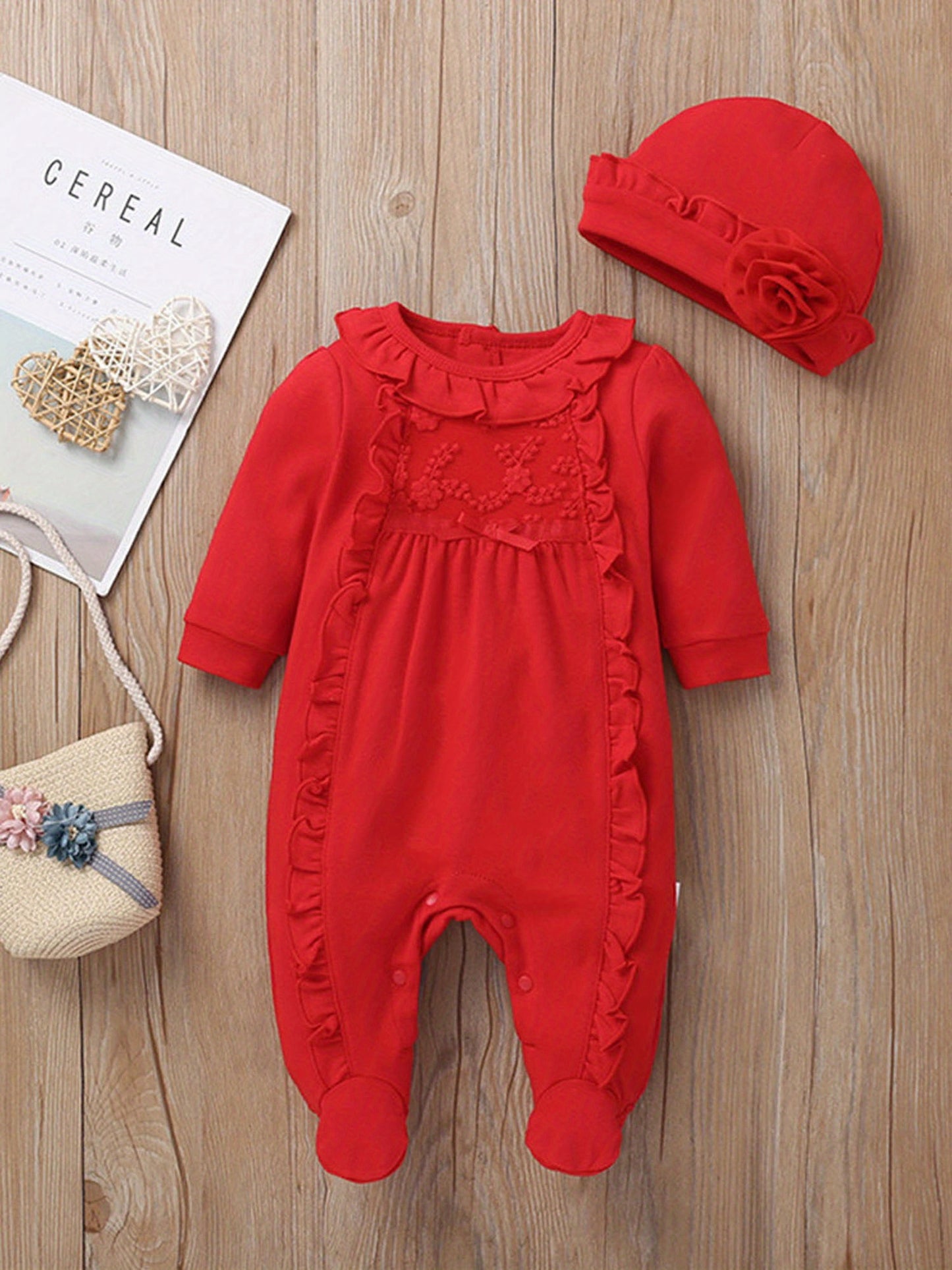 Newborn Baby Girl Fall Winter Romper Set With Hat Two Piece