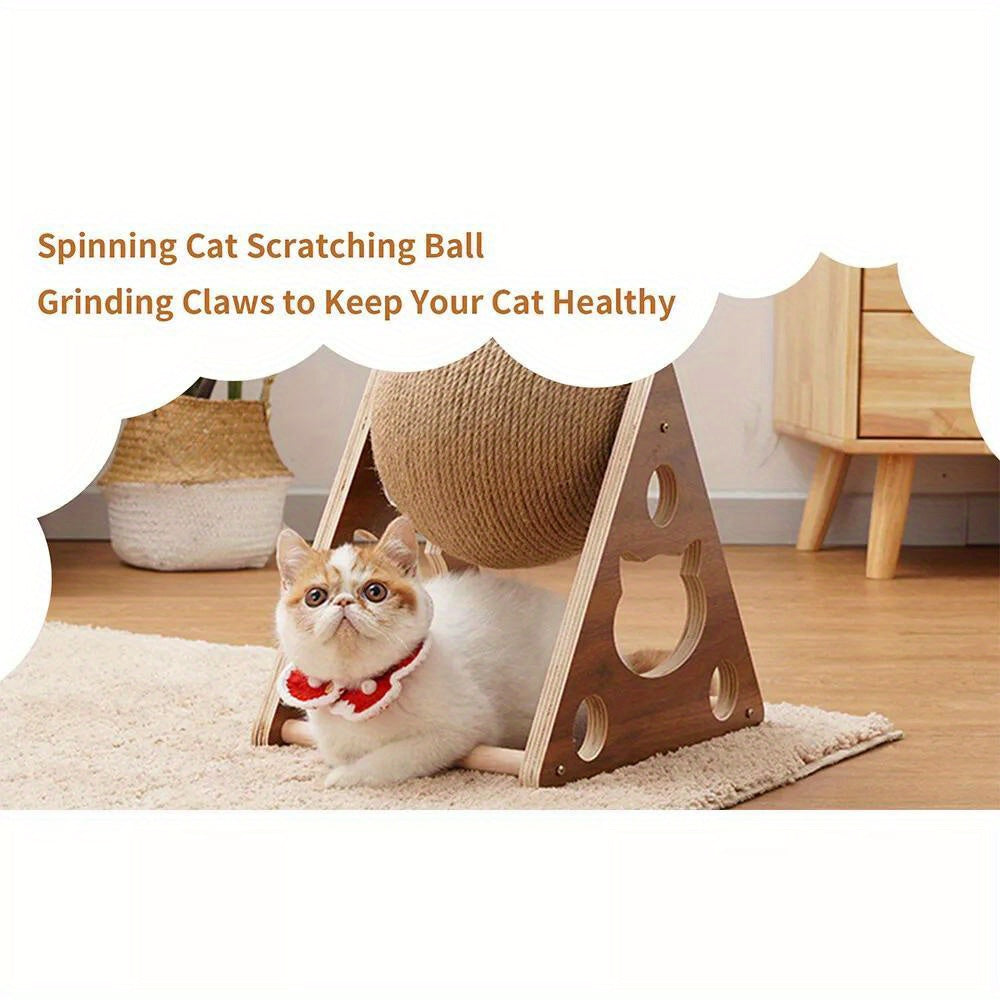 Sisal Rope Cat Scratching Ball Toy with Solid Wood Base for Interactive Play