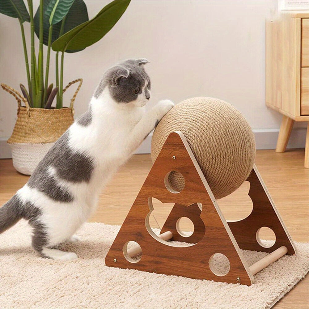 Sisal Rope Cat Scratching Ball Toy with Solid Wood Base for Interactive Play
