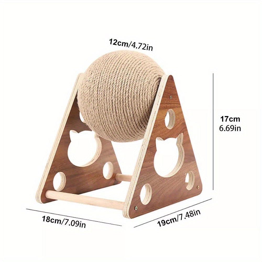 Sisal Rope Cat Scratching Ball Toy with Solid Wood Base for Interactive Play