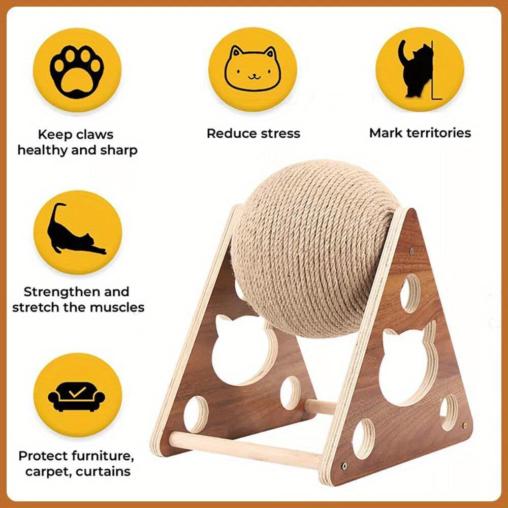 Sisal Rope Cat Scratching Ball Toy with Solid Wood Base for Interactive Play
