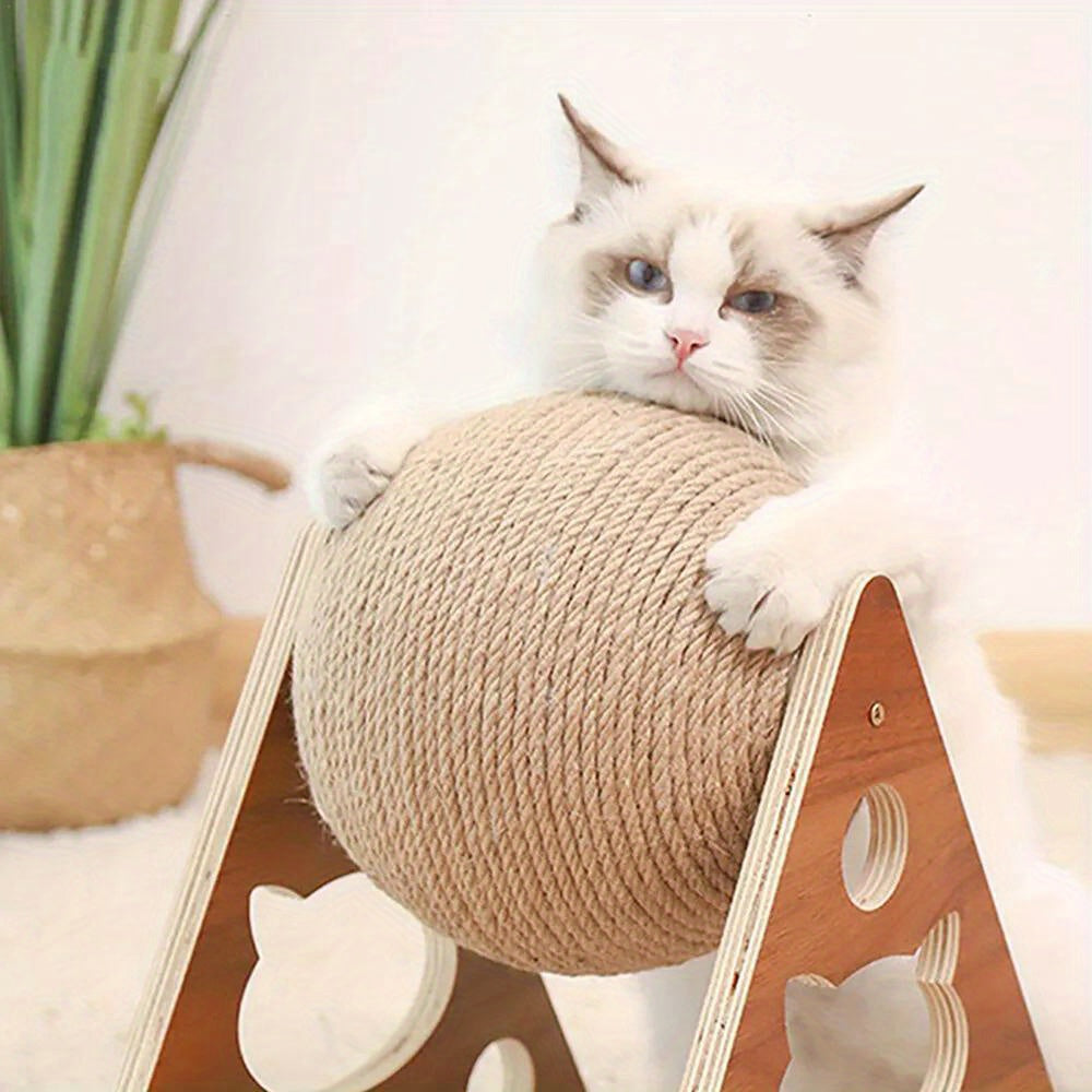 Sisal Rope Cat Scratching Ball Toy with Solid Wood Base for Interactive Play
