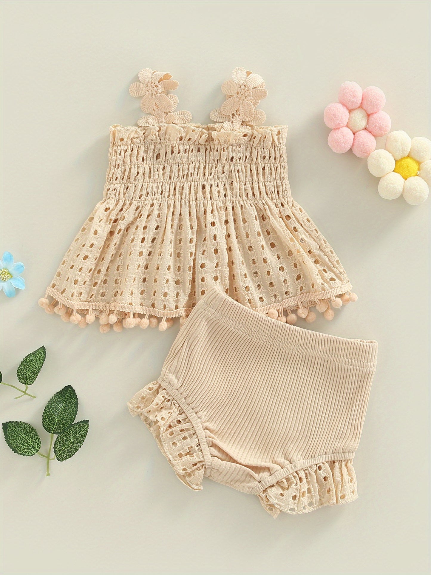 Toddler Baby Girls Summer Outfit Solid Color Cutout Pleated Tank Tops and Stretch Casual Ruffle Shorts Set, for Outdoor