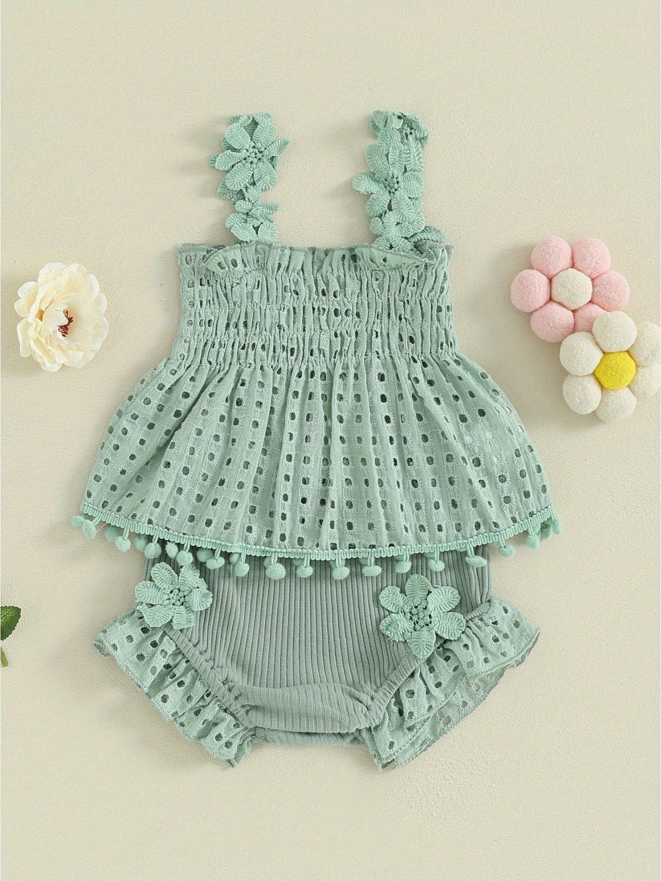 Toddler Baby Girls Summer Outfit Solid Color Cutout Pleated Tank Tops and Stretch Casual Ruffle Shorts Set, for Outdoor