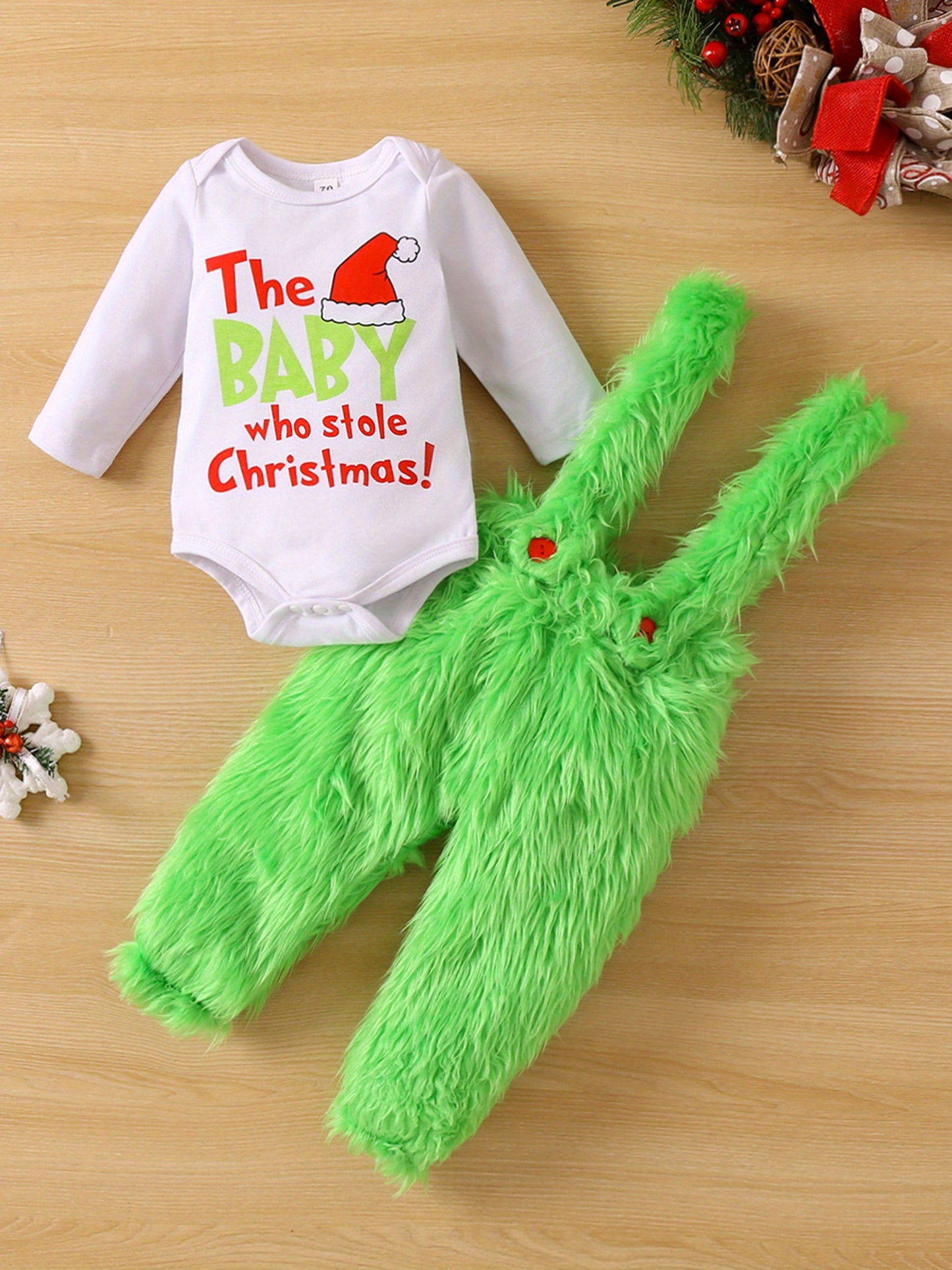 Christmas Letter Print Baby Romper With Plush Overalls
