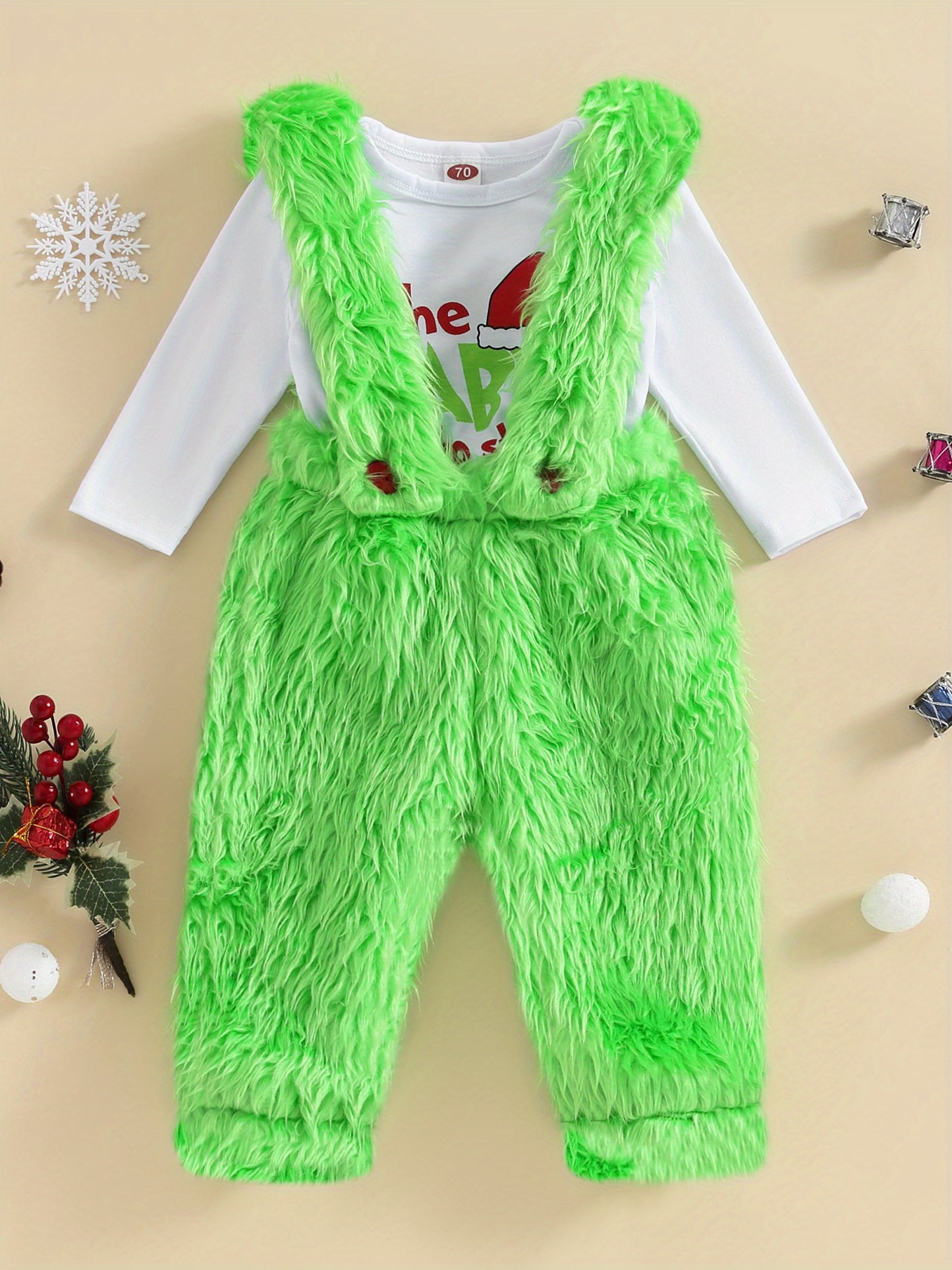 Christmas Letter Print Baby Romper With Plush Overalls