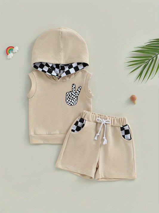 Toddler Boys 2 Piece Sleeveless Hooded Vest and Checkerboard Shorts Set for Outdoors