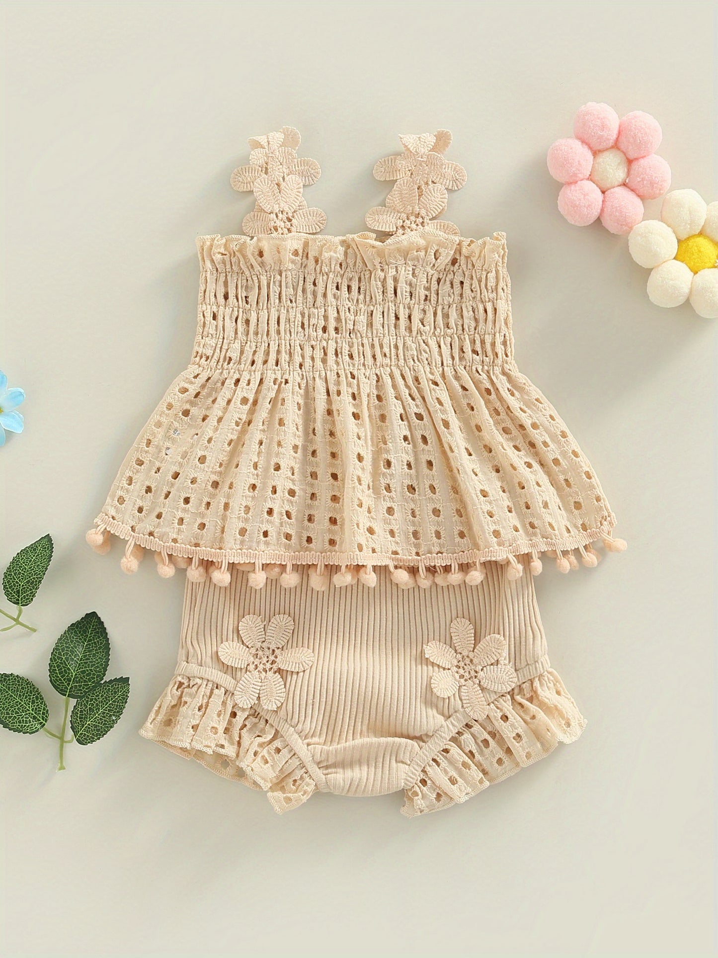 Toddler Baby Girls Summer Outfit Solid Color Cutout Pleated Tank Tops and Stretch Casual Ruffle Shorts Set, for Outdoor