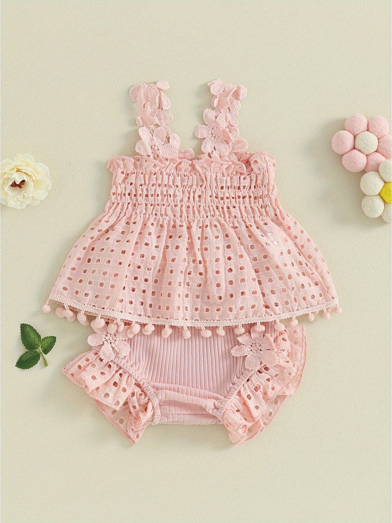 Toddler Baby Girls Summer Outfit Solid Color Cutout Pleated Tank Tops and Stretch Casual Ruffle Shorts Set, for Outdoor
