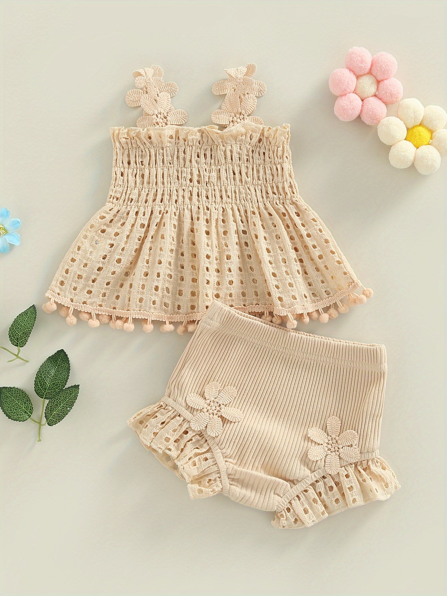 Toddler Baby Girls Summer Outfit Solid Color Cutout Pleated Tank Tops and Stretch Casual Ruffle Shorts Set, for Outdoor