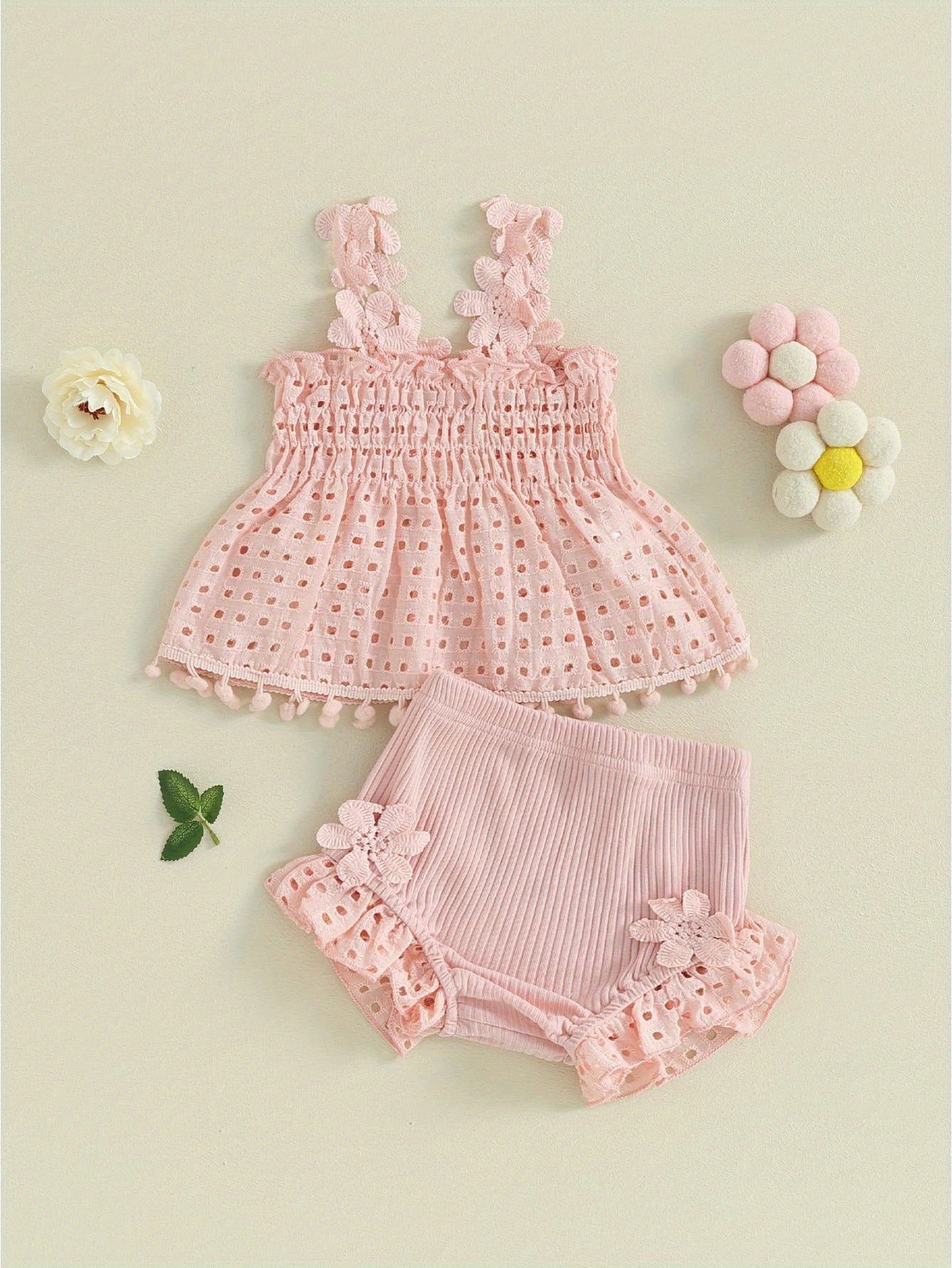 Toddler Baby Girls Summer Outfit Solid Color Cutout Pleated Tank Tops and Stretch Casual Ruffle Shorts Set, for Outdoor
