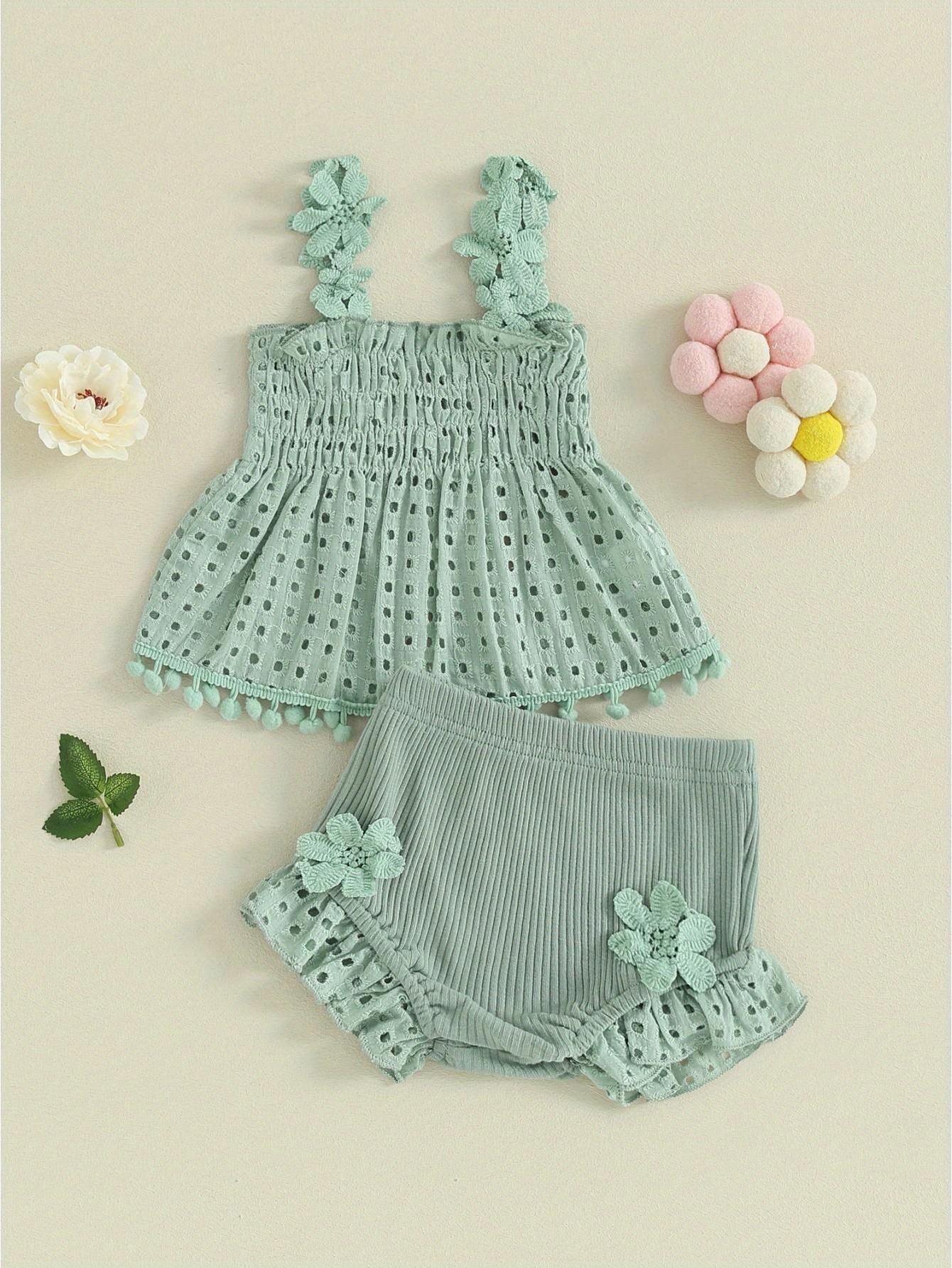 Toddler Baby Girls Summer Outfit Solid Color Cutout Pleated Tank Tops and Stretch Casual Ruffle Shorts Set, for Outdoor