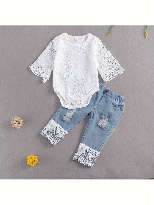 Baby Girls Summer Clothes Set Lace Hollow Out Long Sleeve Romper + Ripped Patchwork Jeans Infant Cute 2pcs Outfits, for Outdoor