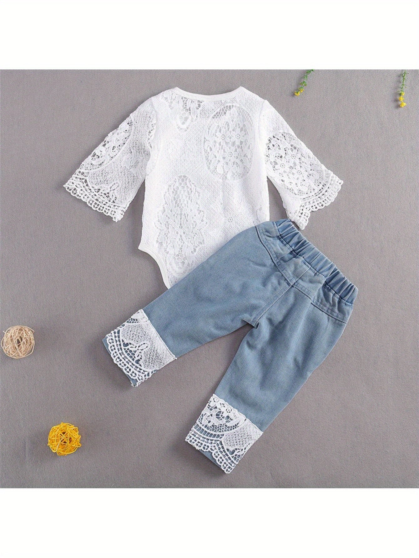 Baby Girls Summer Clothes Set Lace Hollow Out Long Sleeve Romper + Ripped Patchwork Jeans Infant Cute 2pcs Outfits, for Outdoor