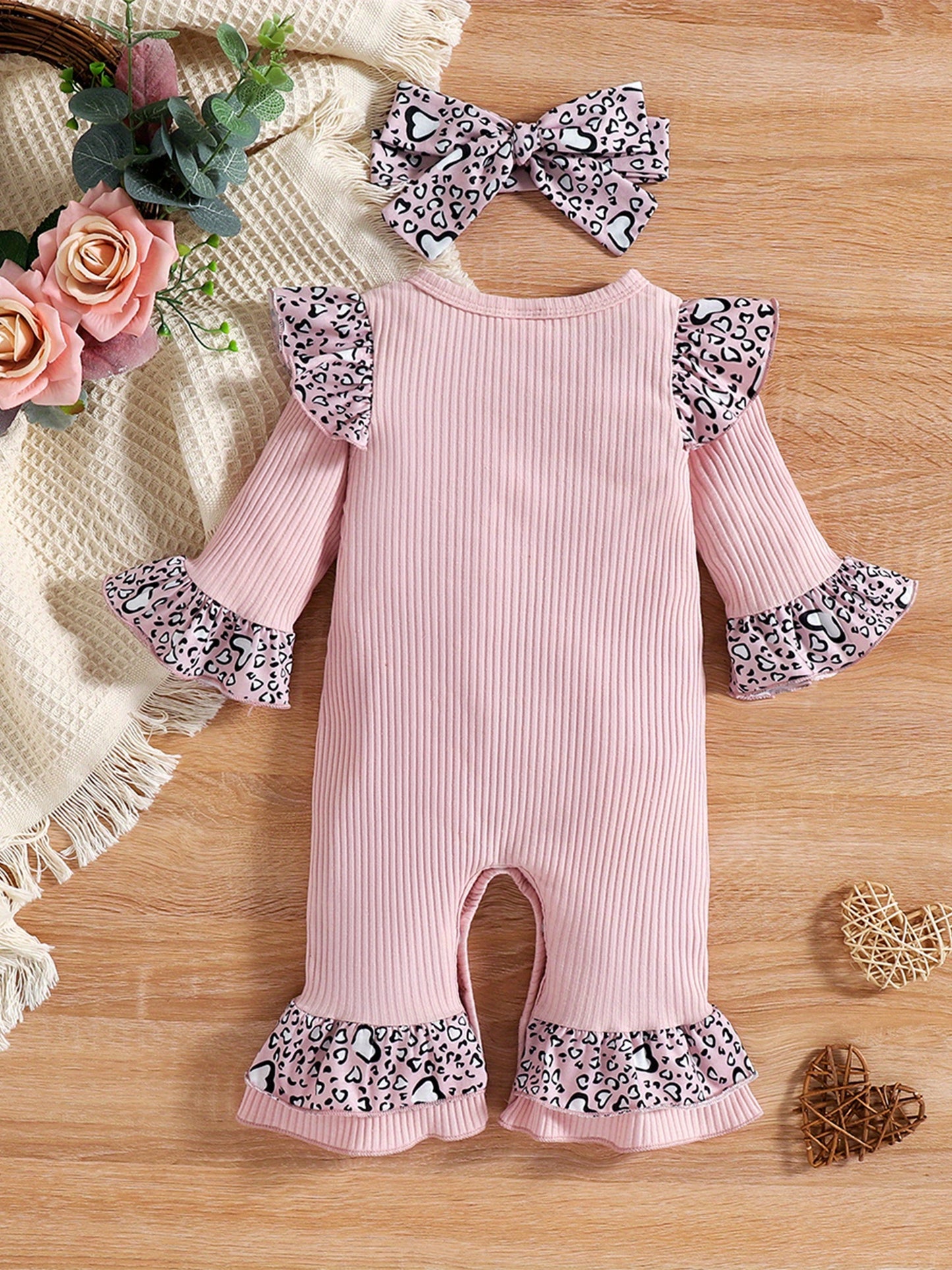 Leopard Print Infant Girl Jumpsuit With Headband 2pc Set