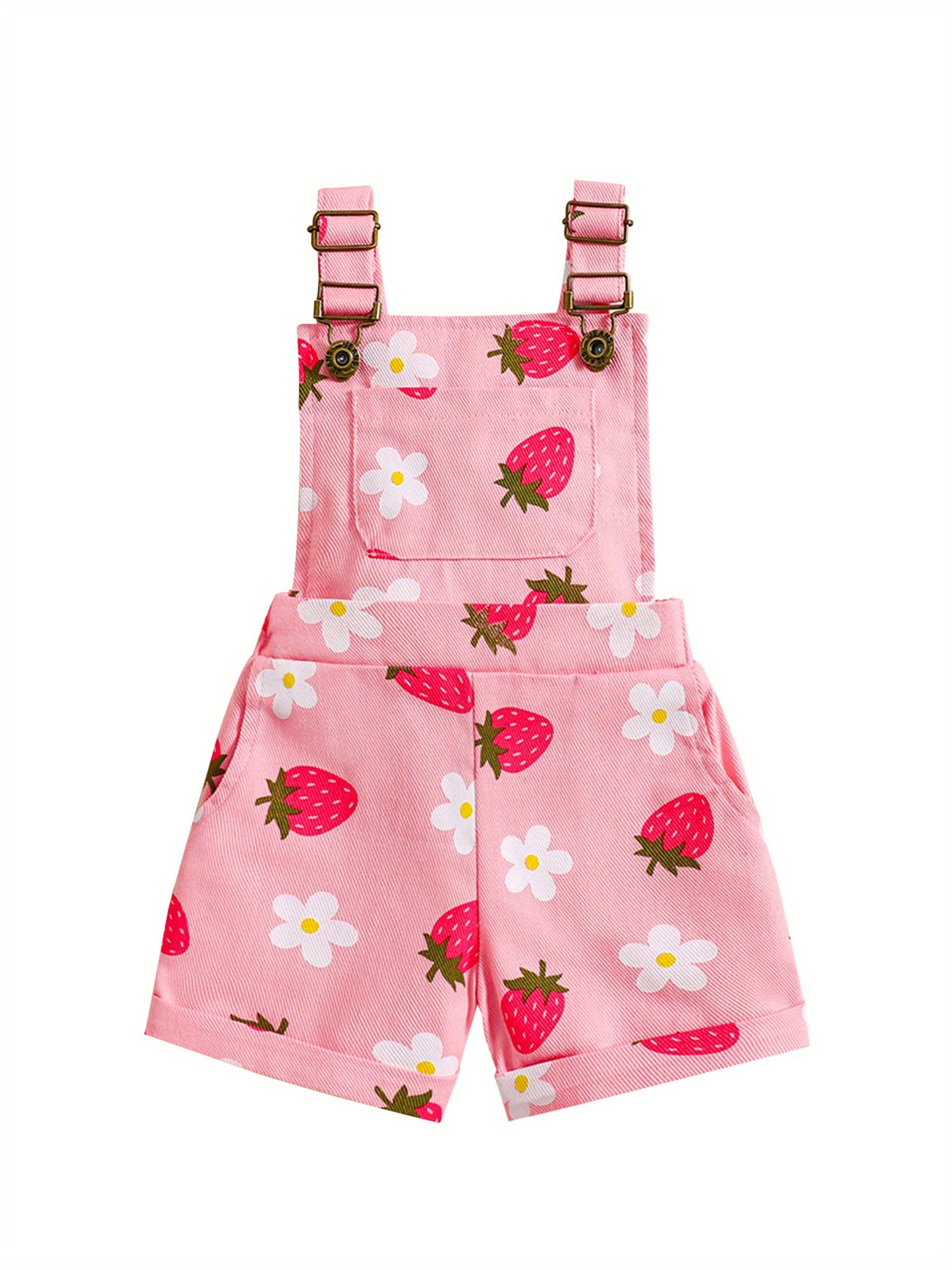 Denim Overalls for Little Featuring a Floral And Strawberry Design, Complete with Straps And Suspenders, Perfect for a Summer Outfit, for Outdoor