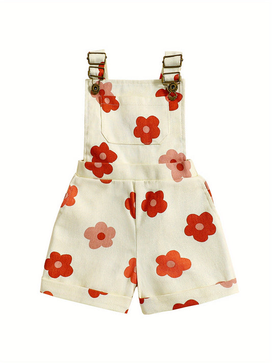 Denim Overalls for Little Featuring a Floral And Strawberry Design, Complete with Straps And Suspenders, Perfect for a Summer Outfit, for Outdoor