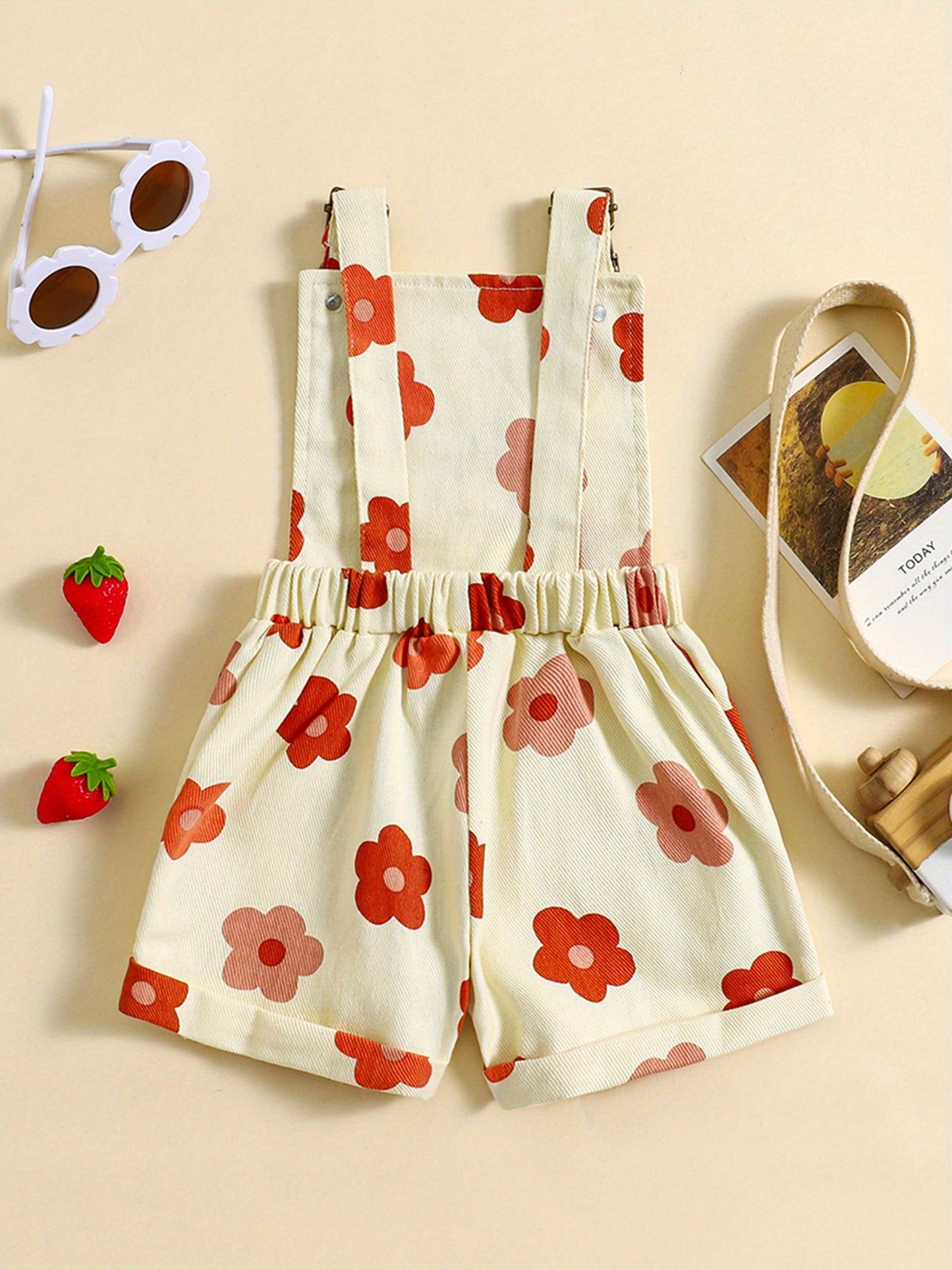 Denim Overalls for Little Featuring a Floral And Strawberry Design, Complete with Straps And Suspenders, Perfect for a Summer Outfit, for Outdoor