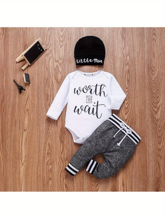 Baby Boys 3pcs Outfit Set Long Sleeve Romper Pants Beanie Hat for Outdoor Fun