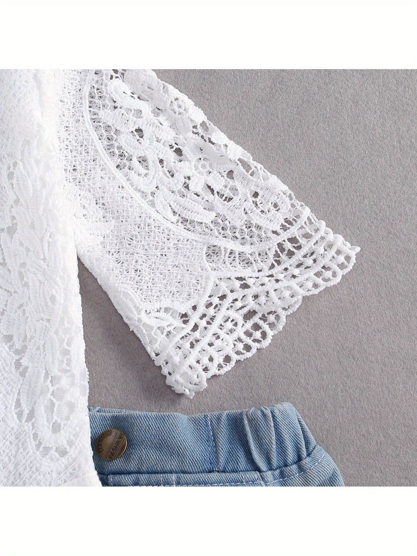 Baby Girls Summer Clothes Set Lace Hollow Out Long Sleeve Romper + Ripped Patchwork Jeans Infant Cute 2pcs Outfits, for Outdoor