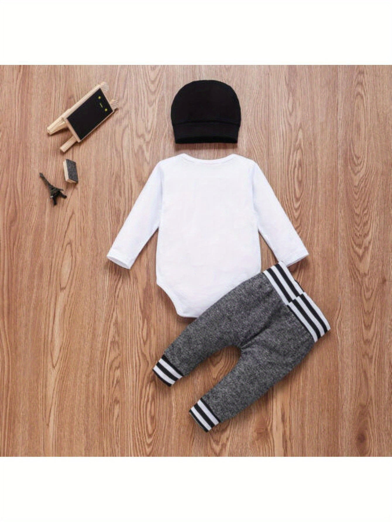 Baby Boys 3pcs Outfit Set Long Sleeve Romper Pants Beanie Hat for Outdoor Fun