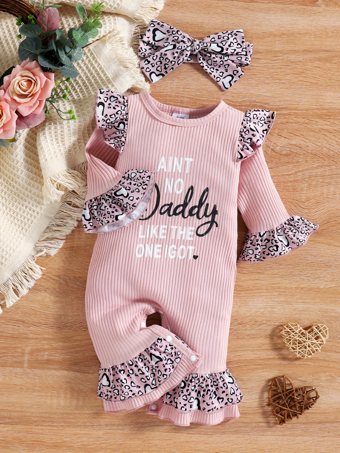 Leopard Print Infant Girl Jumpsuit With Headband 2pc Set