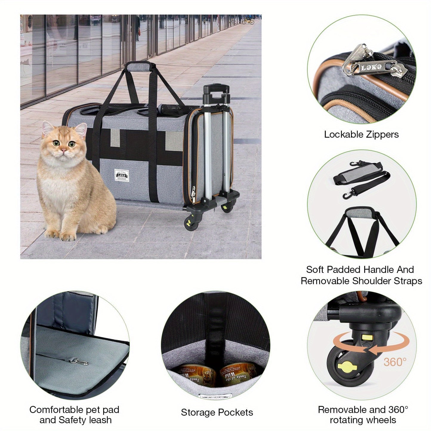 Expandable Double Pet Carrier with Wheels - Fits 2 Small to Medium Pets, Gray Rolling Suitcase with Telescopic Handle, Soft-Shell, Aluminum Alloy Frame, Zip Closure, Hand Washable, Pet Carrier Bag