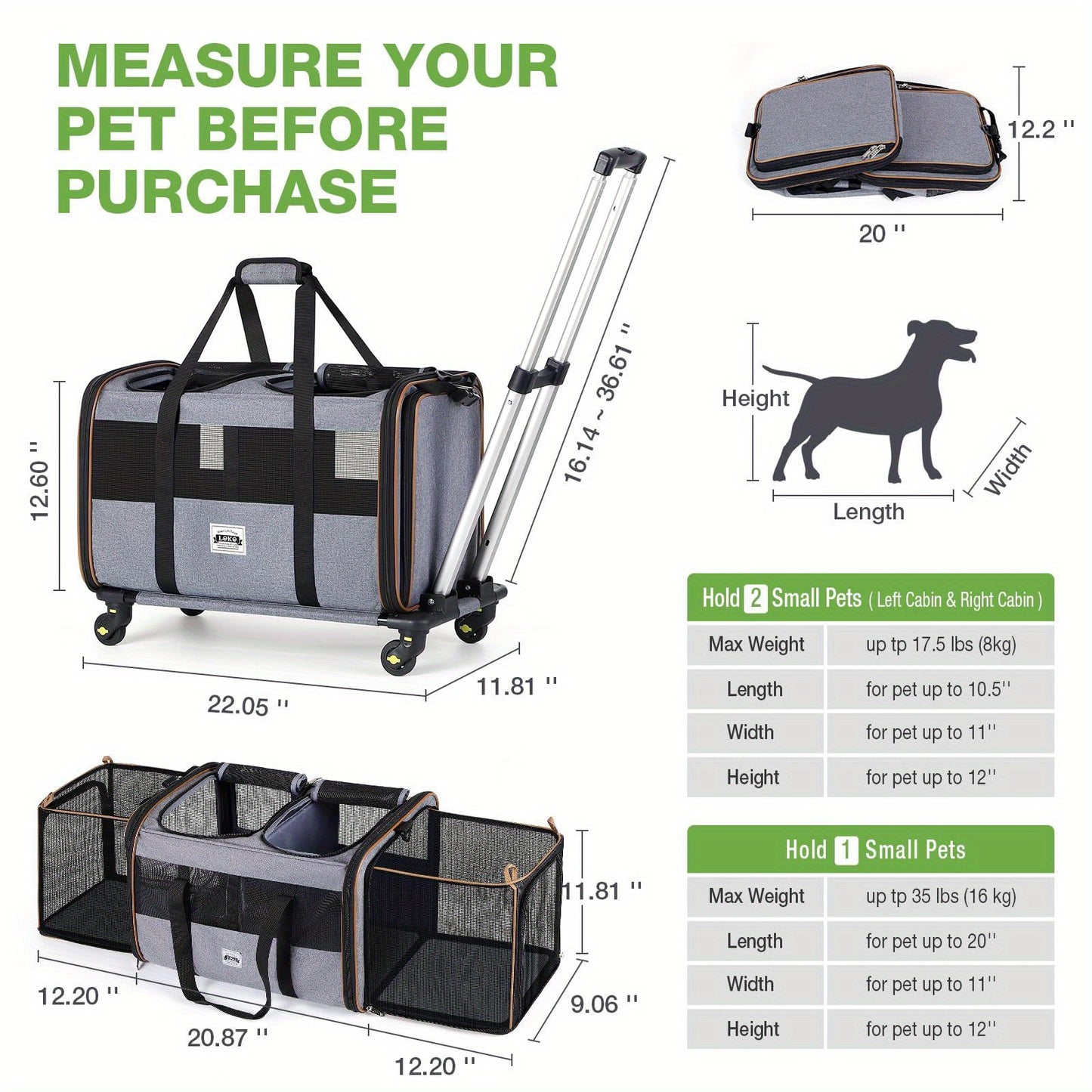 Expandable Double Pet Carrier with Wheels - Fits 2 Small to Medium Pets, Gray Rolling Suitcase with Telescopic Handle, Soft-Shell, Aluminum Alloy Frame, Zip Closure, Hand Washable, Pet Carrier Bag