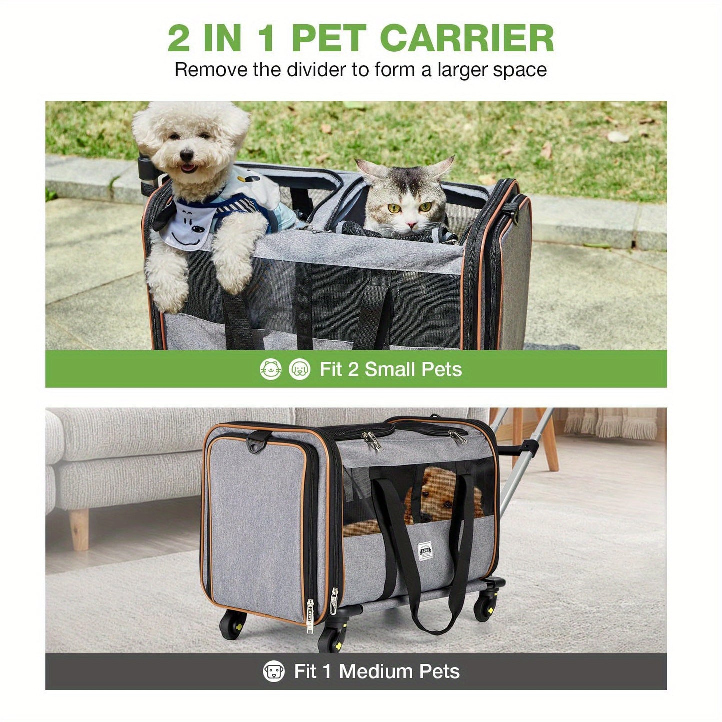 Expandable Double Pet Carrier with Wheels - Fits 2 Small to Medium Pets, Gray Rolling Suitcase with Telescopic Handle, Soft-Shell, Aluminum Alloy Frame, Zip Closure, Hand Washable, Pet Carrier Bag