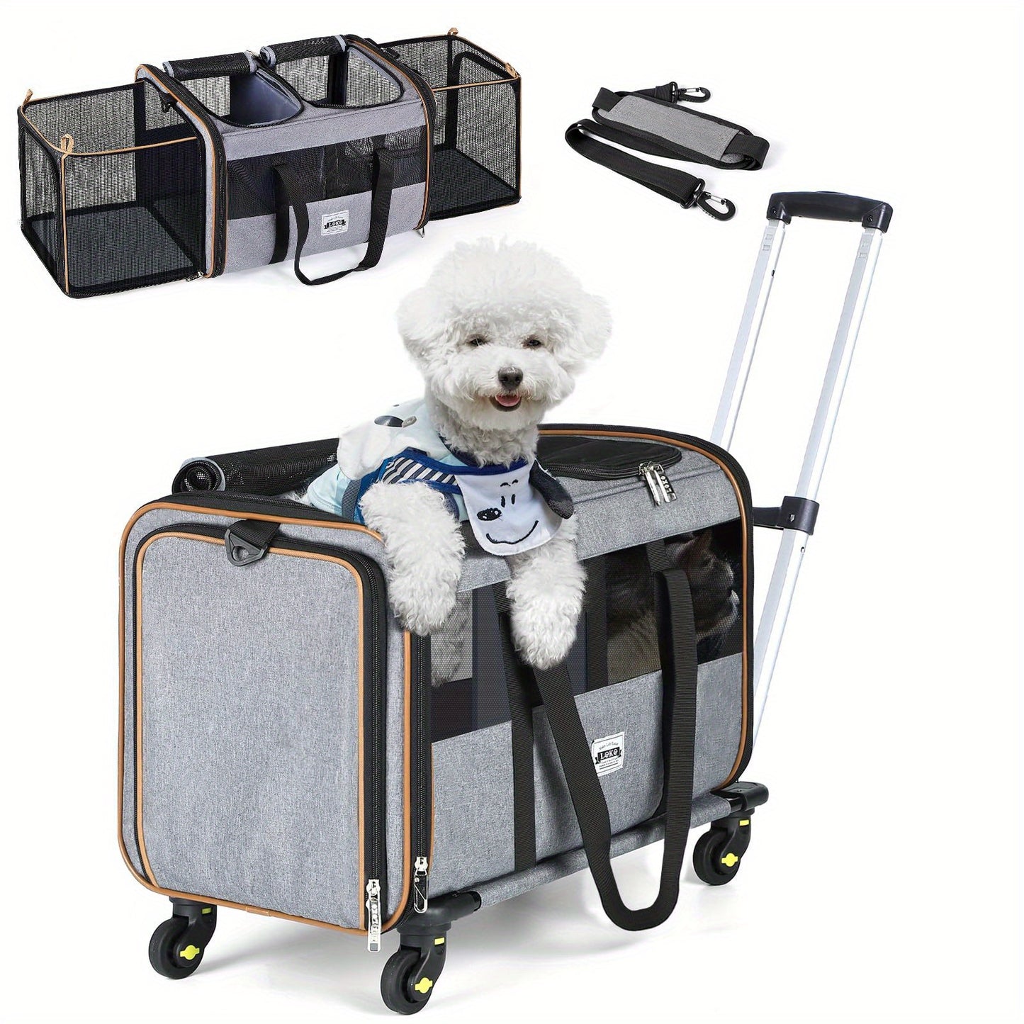 Expandable Double Pet Carrier with Wheels - Fits 2 Small to Medium Pets, Gray Rolling Suitcase with Telescopic Handle, Soft-Shell, Aluminum Alloy Frame, Zip Closure, Hand Washable, Pet Carrier Bag
