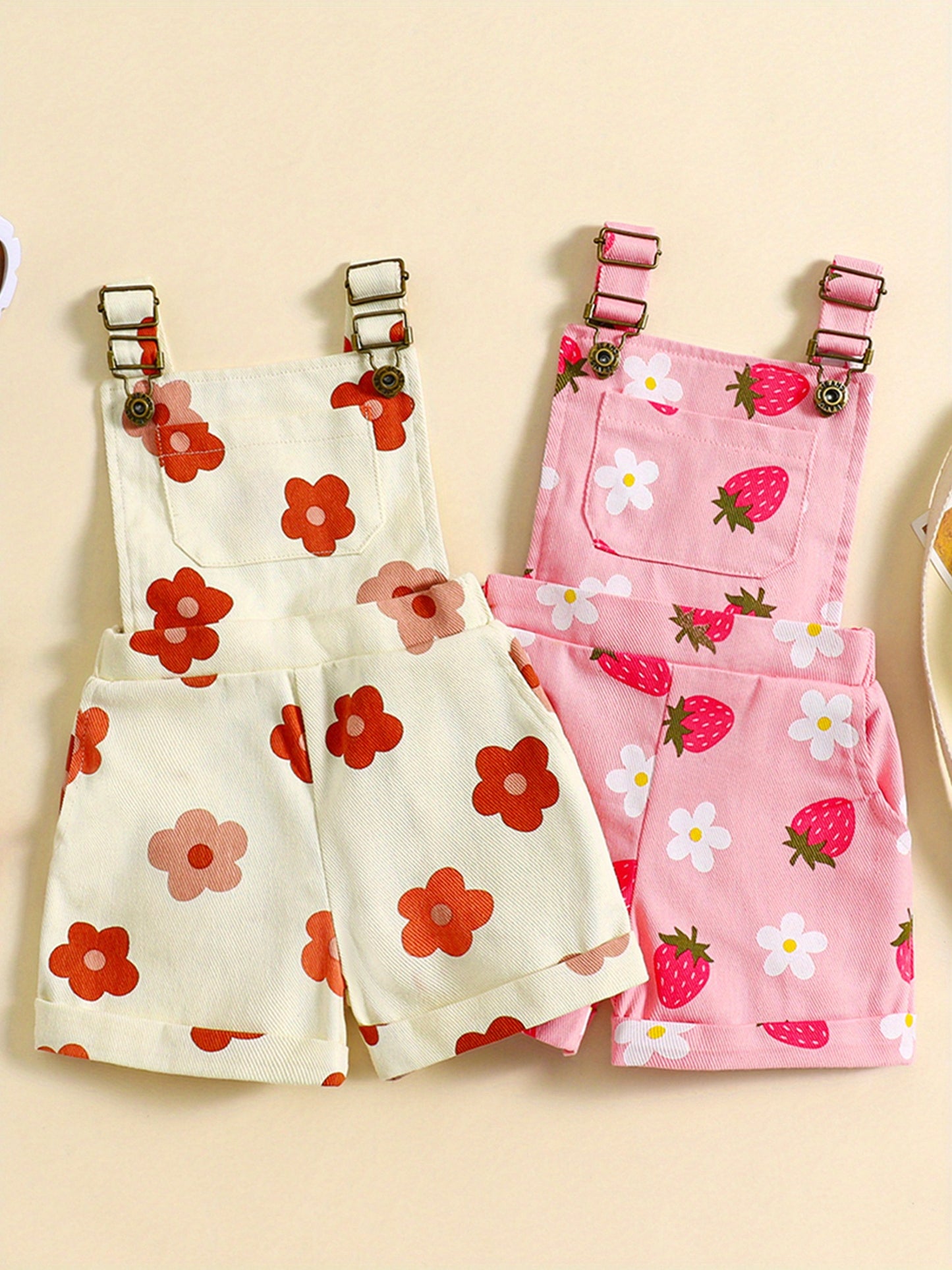 Denim Overalls for Little Featuring a Floral And Strawberry Design, Complete with Straps And Suspenders, Perfect for a Summer Outfit, for Outdoor