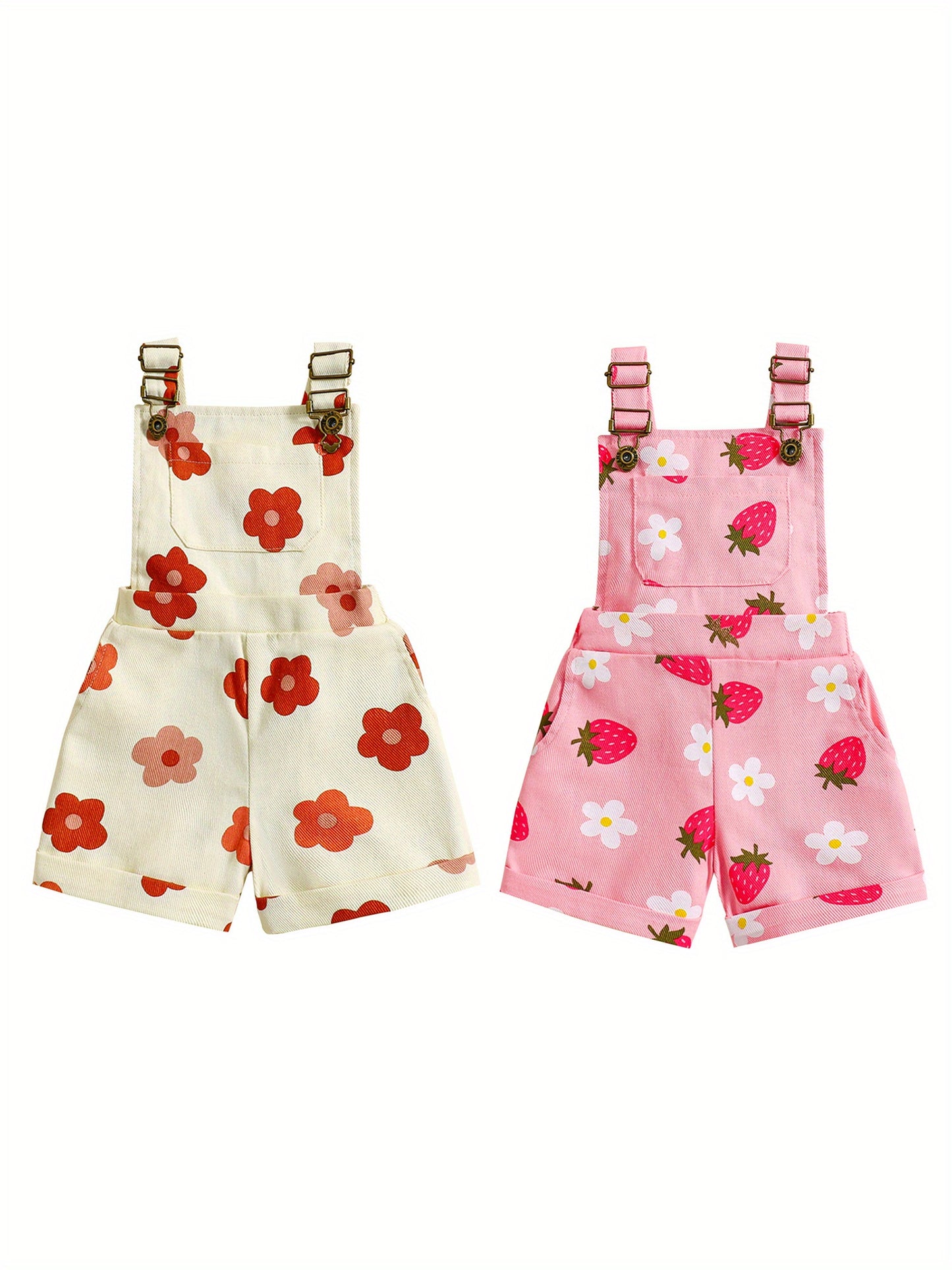 Denim Overalls for Little Featuring a Floral And Strawberry Design, Complete with Straps And Suspenders, Perfect for a Summer Outfit, for Outdoor