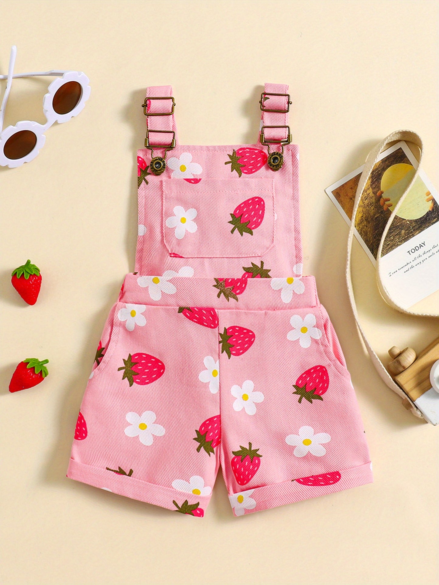 Denim Overalls for Little Featuring a Floral And Strawberry Design, Complete with Straps And Suspenders, Perfect for a Summer Outfit, for Outdoor